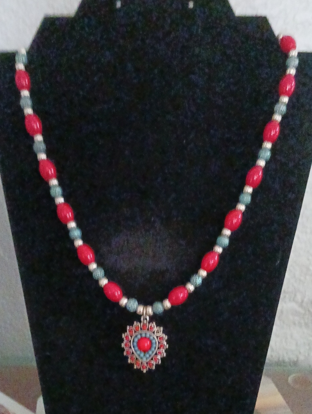 Handcrafted Red, Turquoise, And Silver Beaded Pendant Necklace